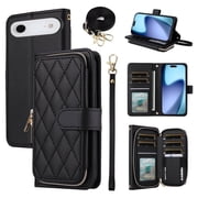 Furiet Argyle Wallet Case for iPhone 17 Air 6.5 inch & Wrist/Shoulder Strap, Card Slots Zipper Purse Luxury PU Leather Stand Checkered Cell Phone Cover for i Phone17 i17 17Air Women Girls Black