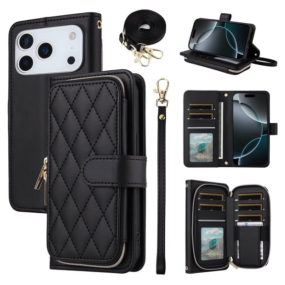 Furiet Argyle Wallet Case for iPhone 17 Pro 6.3 inch & Wrist/Shoulder Strap, Card Slots Zipper Purse Luxury PU Leather Stand Checkered Cell Phone Cover for i Phone17 i17 17Pro Women Girls Black