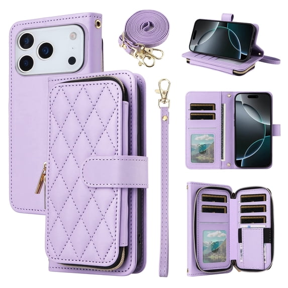 Furiet Argyle Wallet Case for iPhone 17 Pro Max 6.9 inch with Wrist/Shoulder Strap Card Slots Zipper Purse PU Leather Stand Phone Cover for i Phone17 17Pro i17 ProMax 17ProMax Women Girls Purple