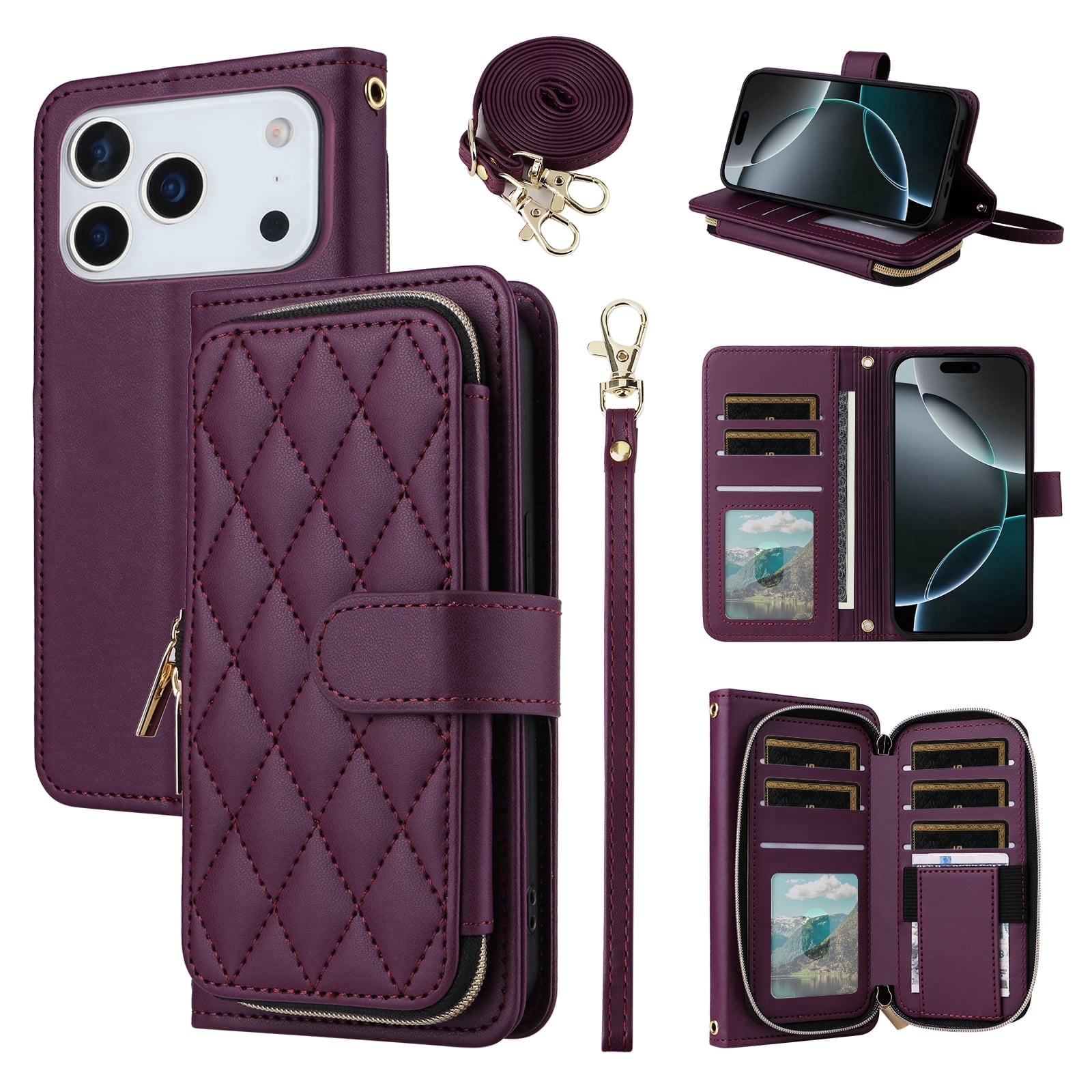 Furiet Argyle Wallet Case for iPhone 17 Pro Max 6.9 inch with Wrist/Shoulder Strap Card Slots Zipper Purse PU Leather Stand Phone Cover for i Phone17 17Pro i17 ProMax 17ProMax Women Girls Deep Purple