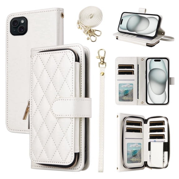 Furiet Compatible with iPhone 15 Plus 6.7 inch Wallet Case with Wrist Strap, Shoulder Strap, 9+ Card Slots Leather Stand Phone Cover for i-Phone 15+ iPhone15Plus 5G i i15 + iPhone15 15Plus White