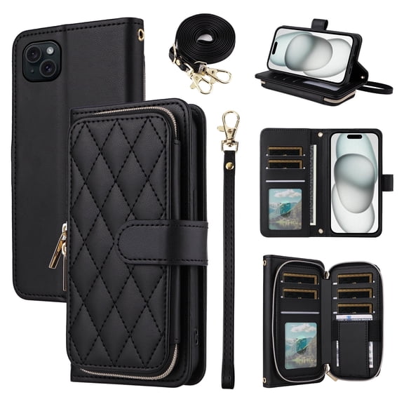 Furiet Compatible with iPhone 15 Plus 6.7 inch Wallet Case with Wrist Strap, Shoulder Strap, 9+ Card Slots Leather Stand Phone Cover for i-Phone 15+ iPhone15Plus 5G i i15 + iPhone15 15Plus Black