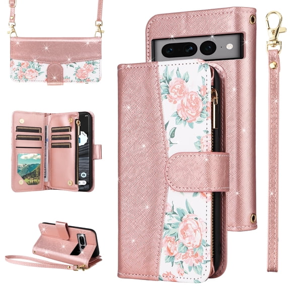 Furiet for Google Pixel 7 Pro 5G Floral Wallet Case & Flip Zipper Purse Wrist Strap Shoulder Strap, Glitter PU Leather Card Holder Stand Phone Cover for Pixel7Pro Pixel7 XL Seven 7Pro 6.7 Rose Gold