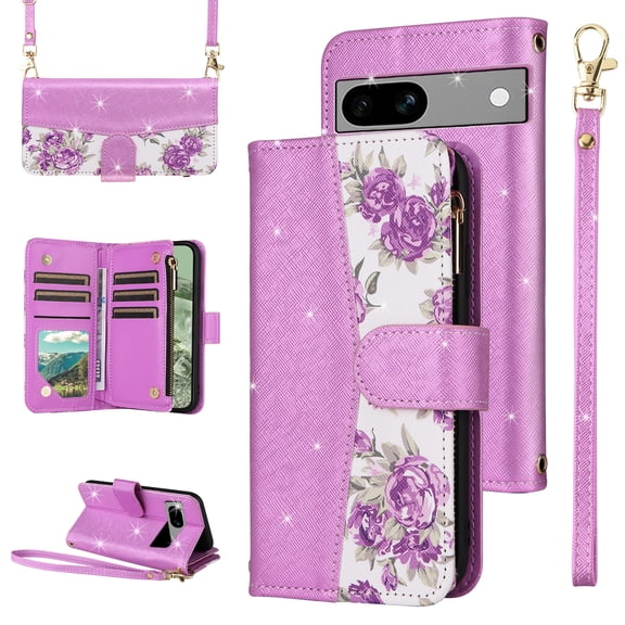 Furiet for Google Pixel 8A 5G Floral Wallet Case Flip Zipper Purse Wrist Strap Shoulder Strap, Luxury Glitter PU Leather Card Holder Stand Accessories Cell Phone Cover for Pixel8A A8 Women Purple