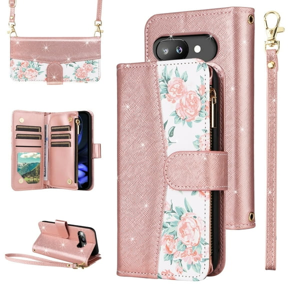 Furiet for Google Pixel 9A Floral Wallet Case with Flip Zipper Purse Wrist/Shoulder Strap, Luxury Glitter PU Leather Card Holder Stand Accessories Cell Phone Cover for Pixel9A A9 5G Women Rose Gold