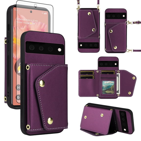 Furiet Luxury Wallet Case for Google Pixel 6 with Tempered Glass Screen Protector Card Slots Slim Flip Purse Shoulder Strap, PU Leather Card Holder Stand Phone Cover for Pixel6 Pixle Six Deep Purple