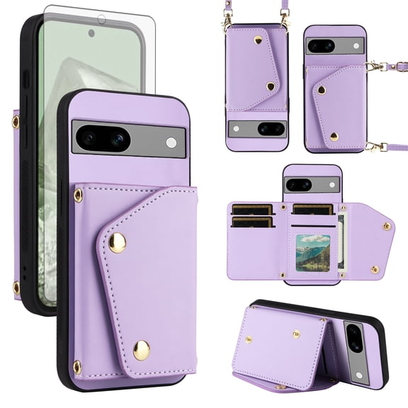 Furiet Luxury Wallet Case for Google Pixel 7A 5G 2023 with Tempered Glass Screen Protector Card Slots Slim Flip Purse & Shoulder Strap, PU Leather Card Holder Stand Phone Cover for Pixel7A A7 Purple