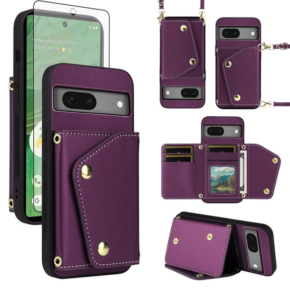 Furiet Luxury Wallet Case for Google Pixel 8A & Tempered Glass Screen Protector Card Slots Thin Slim Flip Purse Shoulder Strap, PU Leather Card Holder Stand Phone Cover for Pixel8A A8 5G Deep Purple