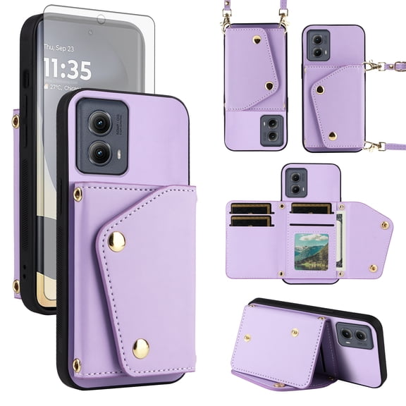 Furiet Luxury Wallet Case for Motorola Edge 5G 2024 with Tempered Glass Screen Protector Card Slot Slim Flip Purse & Shoulder Strap, PU Leather Card Holder Stand Phone Cover for Moto Edge2024 Purple