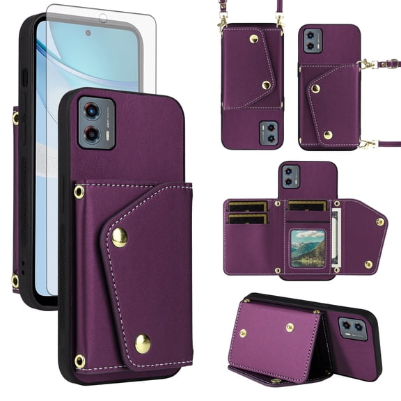 Furiet Luxury Wallet Case for Motorola Moto G 5G 2023 & Tempered Glass Screen Protector Card Slots Slim Flip Purse Shoulder Strap, PU Leather Card Holder Stand Phone Cover for G5G 5 G G5 Deep Purple