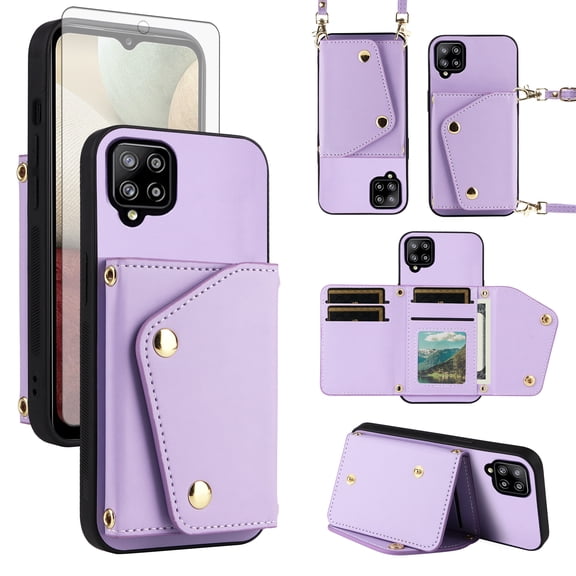 Furiet Luxury Wallet Case for Samsung Galaxy A12/M12 with Tempered Glass Card Slots Thin Slim Flip Purse & Shoulder Strap, PU Leather Card Holder Stand Phone Cover for A 12 5G A-12 S12 12A 4G Purple