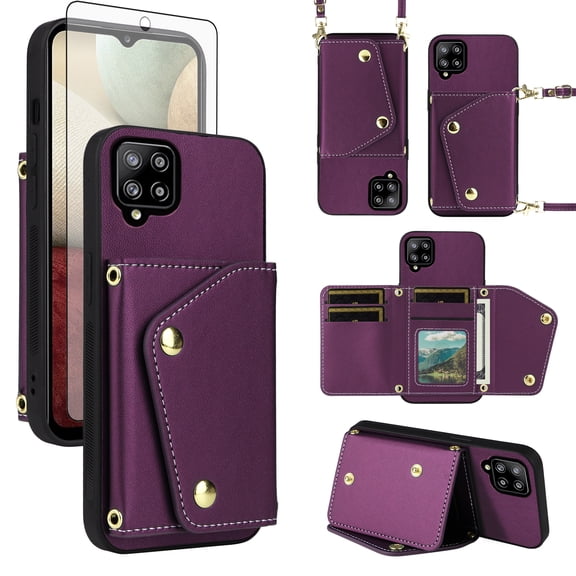 Furiet Luxury Wallet Case for Samsung Galaxy A12/M12 & Tempered Glass Card Slots Thin Slim Flip Purse Shoulder Strap, PU Leather Card Holder Stand Phone Cover for A 12 5G A-12 S12 12A 4G Deep Purple