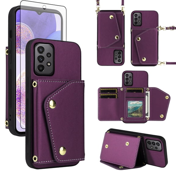 Furiet Luxury Wallet Case for Samsung Galaxy A23 5G/4G & Tempered Glass Card Slots Thin Slim Flip Purse & Shoulder Strap, PU Leather Credit Card Holder Stand Phone Cover for A 23 23A 6.6 Deep Purple