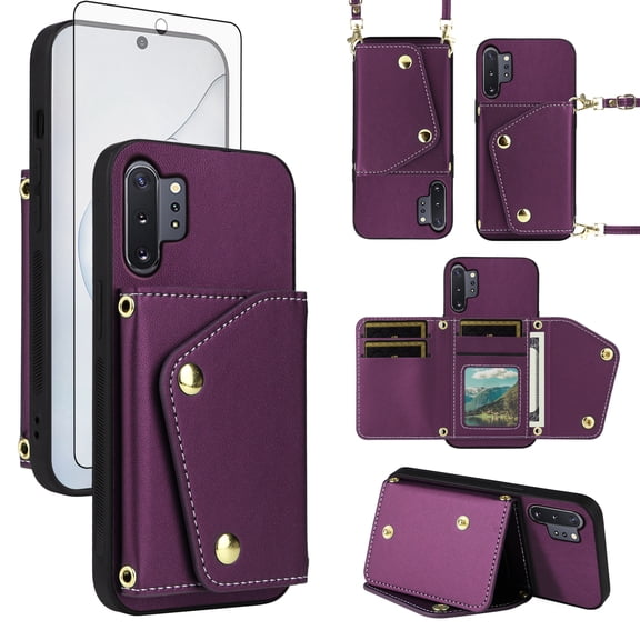 Furiet Luxury Wallet Case for Samsung Galaxy Note 10 Plus Note10  5G & Tempered Glass Flip Purse & Shoulder Strap, Card Holder Stand Phone Cover for Note10   Notes 10  Ten Not S10 10Plus Deep Purple