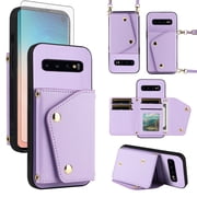 Furiet Luxury Wallet Case for Samsung Galaxy S10 Plus with Tempered Glass Card Slots Thin Slim Flip Purse & Shoulder Strap, Card Holder Stand Phone Cover for S10+ S10plus 10S Edge S 10 10plus Purple