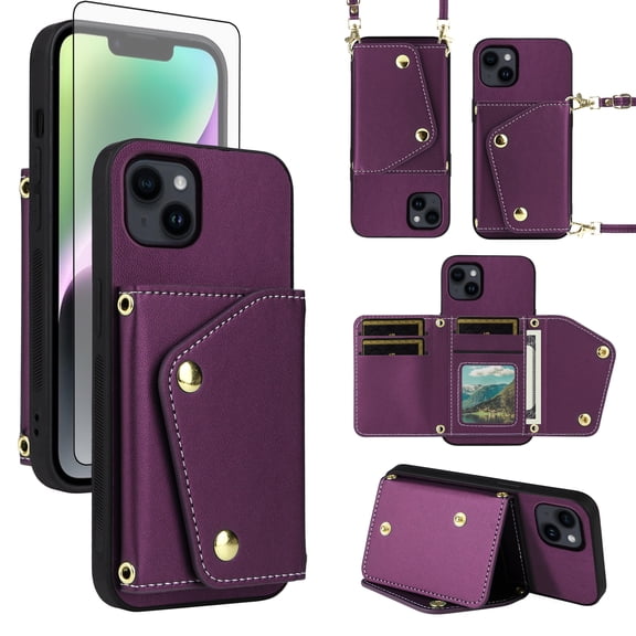 Furiet Luxury Wallet Case for iPhone 13 6.1 inch & Tempered Glass Card Slots Thin Slim Flip Purse Shoulder Strap, Card Holder Stand Phone Cover for iPhone13 5G i i-Phone i13 iPhone13case Deep Purple