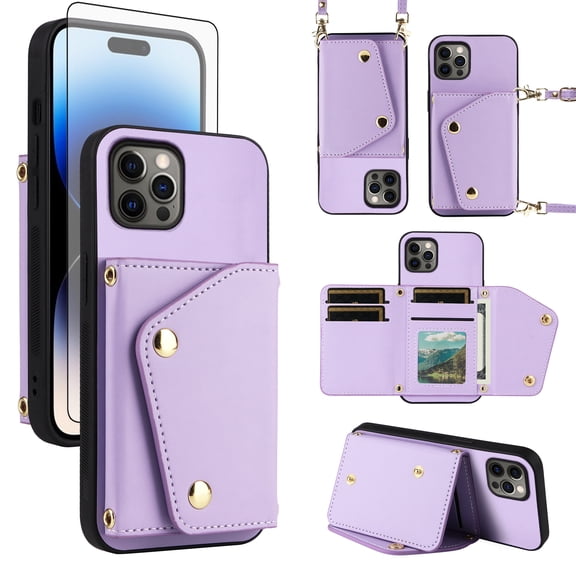 Furiet Luxury Wallet Case for iPhone 14 Pro Max 6.7 inch with Tempered Glass Flip Purse & Shoulder Strap, Card Holder Stand Phone Cover for iPhone14promax 5G i Phone14Max Plus iPhone14 ProMax Purple