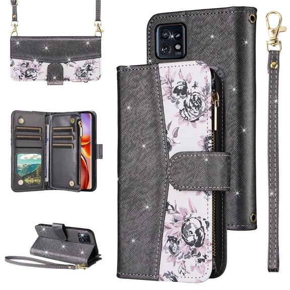 Furiet for Motorola Edge+ Plus 2023/Edge 40 Pro 5G/Moto X40 Floral Wallet Case with Zipper Purse Wrist Strap Shoulder Strap, Luxury Glitter PU Leather Card Holder Stand Phone Cover for X + Black