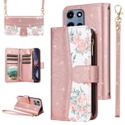Furiet for Motorola Moto G 5G 2025 Floral Wallet Case with Flip Zipper Purse Wrist/Shoulder Strap, Luxury Glitter PU Leather Card Holder Stand Accessories Phone Cover for G5G 5 G G5 Women Rose Gold