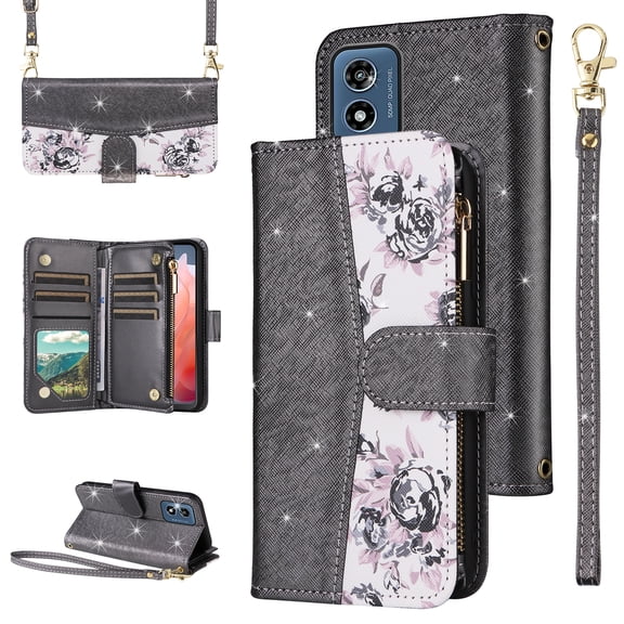 Furiet for Motorola Moto G Play 4G 2024 Floral Wallet Case & Flip Zipper Purse Wrist/Shoulder Strap Luxury Glitter PU Leather Card Holder Stand Phone Cover for XT2413V XT2413-1 64GB Women Black