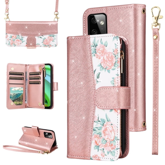 Furiet for Motorola Moto G Power 5G 2023 Floral Wallet Case & Flip Zipper Purse Wrist Strap Shoulder Strap Luxury Glitter PU Leather Card Holder Stand Cell Phone Cover for GPower G5 Women Rose Gold