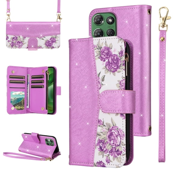 Furiet for Motorola Moto G Power 5G 2025 Floral Wallet Case & Flip Zipper Purse Wrist/Shoulder Strap Luxury Glitter PU Leather Card Holder Stand Accessories Phone Cover for XT2515-1 Women Purple