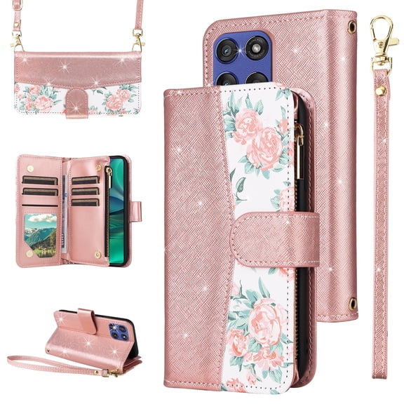 Furiet for Motorola Moto G Stylus 5G 2025 Floral Wallet Case & Flip Zipper Purse Wrist/Shoulder Strap, Luxury Glitter PU Leather Card Holder Stand Accessories Cell Phone Cover for G5 Women Rose Gold