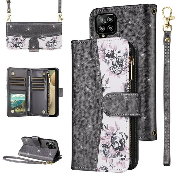 Furiet for Samsung Galaxy A12/M12 Floral Wallet Case with Flip Zipper Purse Wrist Strap Shoulder Strap, Luxury Glitter PU Leather Card Holder Stand Phone Cover for A 12 5G A-12 S12 12A 4G Black