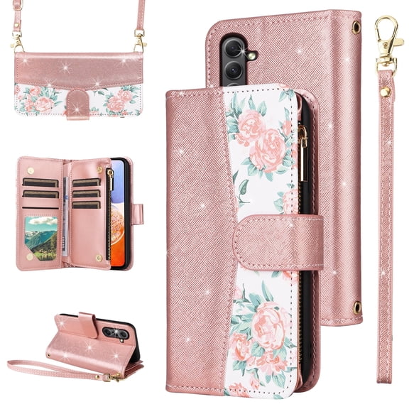 Furiet for Samsung Galaxy A14/M14 5G Floral Wallet Case with Flip Zipper Purse Wrist Strap Shoulder Strap Luxury Glitter PU Leather Card Holder Stand Cell Phone Cover for A 14 4G 14A 14M G5 Rose Gold