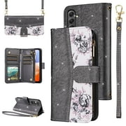 Furiet for Samsung Galaxy A16 5G/4G Floral Wallet Case with Zipper Purse Wrist Strap Shoulder Strap, Luxury Glitter PU Leather Card Holder Stand Accessories Cell Phone Cover for A 16 Women Black