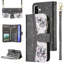 Furiet for Samsung Galaxy A17 5G Floral Wallet Case & Flip Zipper Purse Wrist/Shoulder Strap, Luxury Glitter PU Leather Card Holder Stand Accessories Cell Phone Cover for A 17 17A 4G Women Black