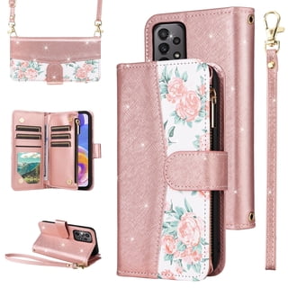 Furiet for Samsung Galaxy A23 5G/4G Floral Wallet Case with Flip Zipper Purse Wrist Strap Shoulder Strap, Luxury Glitter PU Leather Card Holder Stand Cell Phone Cover for A 23 23A 6.6 Women Rose Gold