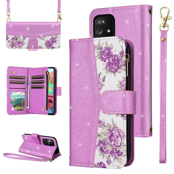 Furiet for Samsung Galaxy A51 4G Floral Wallet Case with Flip Zipper Purse Wrist Strap Shoulder Strap Luxury Glitter PU Leather Card Holder Stand Cell Phone Cover for A 51 M40S 51A A515F S51 Purple