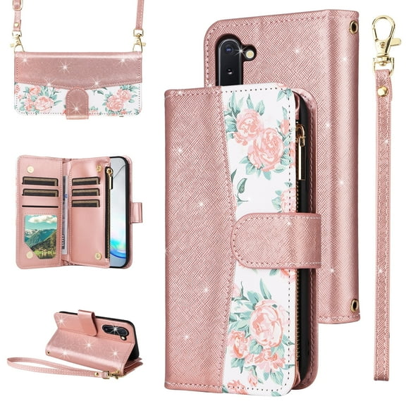 Furiet for Samsung Galaxy Note 10 5G Floral Wallet Case with Zipper Purse Wrist Strap Shoulder Strap Luxury Glitter PU Leather Card Holder Stand Phone Cover for Note10 Notes 10s Ten Not S10 Rose Gold