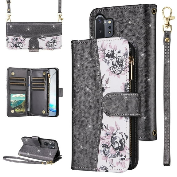 Furiet for Samsung Galaxy Note 10 Plus Note10+ 5G Floral Wallet Case with Flip Zipper Purse Wrist Strap Shoulder Strap Card Holder Stand Phone Cover for Note10 + Notes 10+ Ten Not S10 10Plus Black