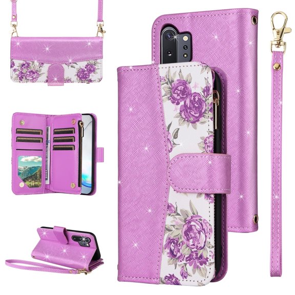 Furiet for Samsung Galaxy Note 10 Plus Note10+ 5G Floral Wallet Case with Flip Zipper Purse Wrist Strap Shoulder Strap Card Holder Stand Phone Cover for Note10 + Notes 10+ Ten Not S10 10Plus Purple