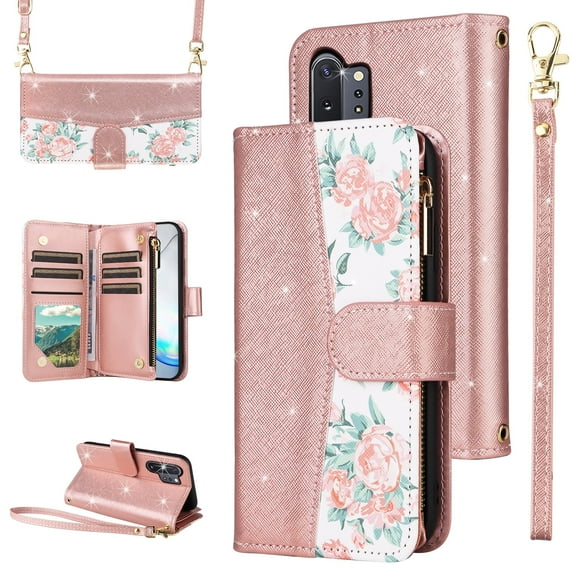 Furiet for Samsung Galaxy Note 10 Plus Note10+ 5G Floral Wallet Case & Flip Zipper Purse Wrist Strap Shoulder Strap Card Holder Stand Phone Cover for Note10 + Notes 10+ Ten Not S10 10Plus Rose Gold