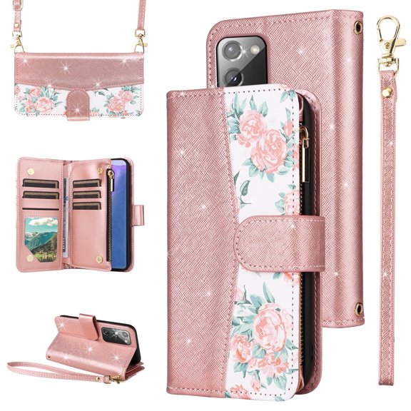 Furiet for Samsung Galaxy Note 20 5G Floral Wallet Case & Flip Zipper Purse Wrist Strap Shoulder Strap Glitter PU Leather Card Holder Stand Phone Cover for Note20 Notes 20s Twenty Not S20 Rose Gold