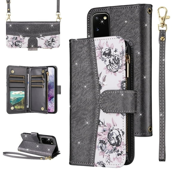 Furiet for Samsung Galaxy S20 5G 6.2 inch Floral Wallet Case with Flip Zipper Purse Wrist Strap Shoulder Strap, Luxury Glitter PU Leather Card Holder Stand Phone Cover for S 20 20S UW S2O G5 Black
