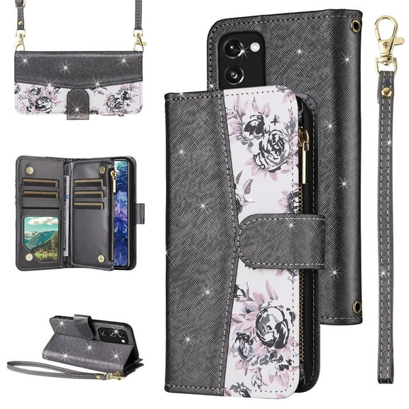 Furiet for Samsung Galaxy S20 FE 5G 6.5 inch Floral Wallet Case with Wrist Strap Shoulder Strap, Zipper Purse Stand Phone Cover for S 20 EF UW 2022 S20FE5G S20FE 20S S2O Fan Edition 4G G5 Black
