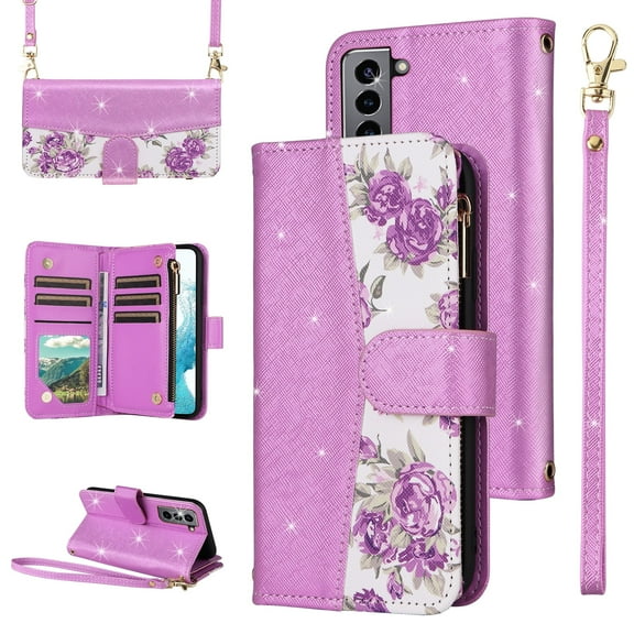 Furiet for Samsung Galaxy S21 FE 5G Floral Wallet Case with Flip Zipper Purse Wrist Strap Shoulder Strap PU Leather Card Holder Stand Phone Cover for S 21 EF S21FE5G UW S21FE 21S G5 6.4 inch Purple