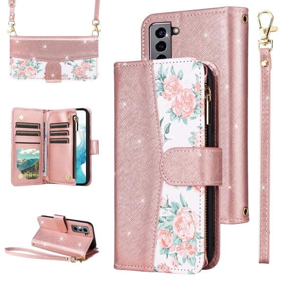 Furiet for Samsung Galaxy S21 FE 5G Floral Wallet Case & Flip Zipper Purse Wrist Strap Shoulder Strap PU Leather Card Holder Stand Phone Cover for S 21 EF S21FE5G UW S21FE 21S G5 6.4 inch Rose Gold