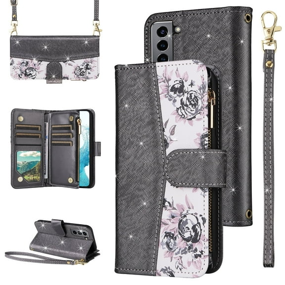 Furiet for Samsung Galaxy S21 Plus S21 5G Floral Wallet Case with Flip Zipper Purse Wrist Strap Shoulder Strap, PU Leather Card Holder Stand Phone Cover for S21 5G S21plus 21S S 21 21 G5 Black