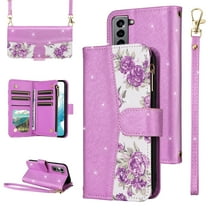 Furiet for Samsung Galaxy S22 Plus S22  5G Floral Wallet Case with Flip Zipper Purse Wrist Strap Shoulder Strap, PU Leather Card Holder Stand Phone Cover for S22 5G S22plus 22S   S 22 22  Purple