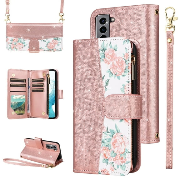 Furiet for Samsung Galaxy S22 Plus S22  5G Floral Wallet Case with Flip Zipper Purse Wrist Strap Shoulder Strap, PU Leather Card Holder Stand Phone Cover for S22 5G S22plus 22S   S 22 22  Rose Gold