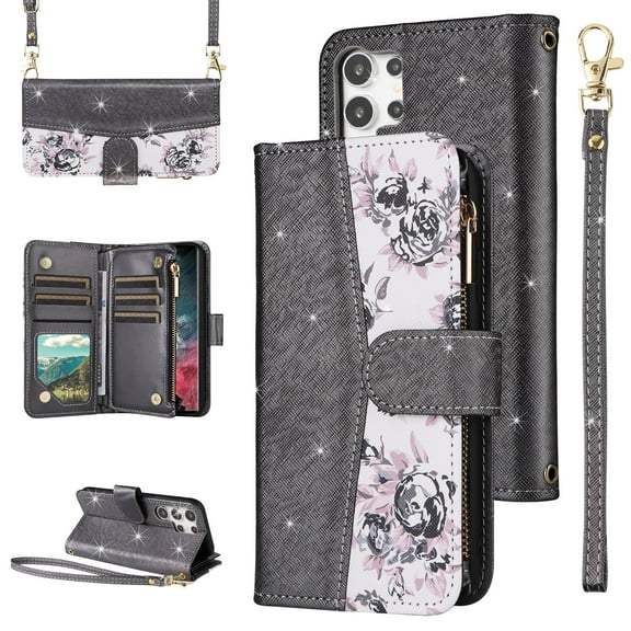 Furiet for Samsung Galaxy S23 Ultra 5G Floral Wallet Case with Flip Zipper Purse Wrist Strap Shoulder Strap, PU Leather Card Holder Stand Phone Cover for S23Ultra 23S S 23 23Ultra 6.8 inch Black