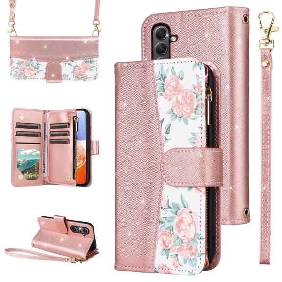 Furiet for Samsung Galaxy S24 FE 5G Floral Wallet Case with Flip Zipper Purse Wrist Strap Shoulder Strap, Luxury Glitter PU Leather Card Holder Stand Phone Cover for S 24 EF S24FE 24S Women Rose Gold