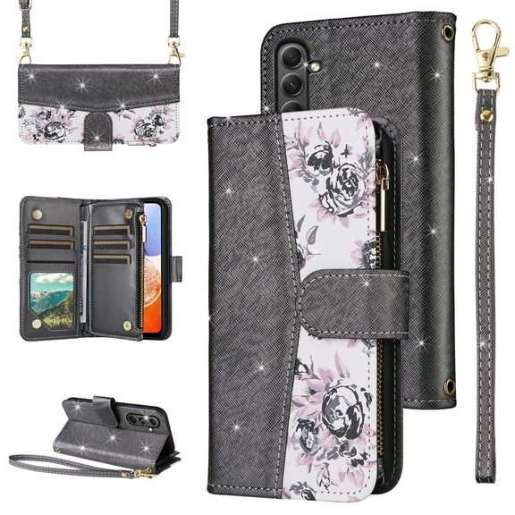 Furiet for Samsung Galaxy S24/S25 5G Floral Wallet Case & Flip Zipper Purse Wrist Strap Shoulder Strap Luxury Glitter PU Leather Card Holder Stand Phone Cover for S 24 24S 25 25S G5 Women Black