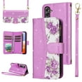thumbnail image 1 of Furiet for Samsung Galaxy S24/S25 5G Floral Wallet Case with Flip Zipper Purse Wrist Strap Shoulder Strap Luxury Glitter PU Leather Card Holder Stand Phone Cover for S 24 24S 25 25S G5 Women Purple, 1 of 8