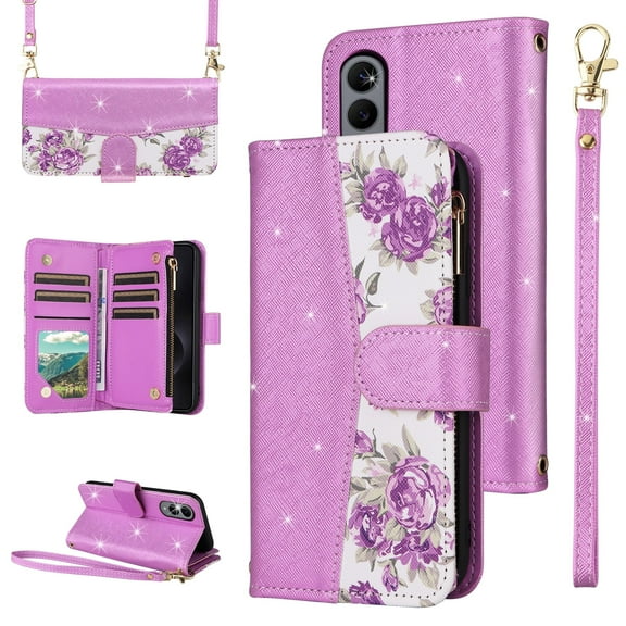 Furiet for Samsung Galaxy S25 Edge 5G Floral Wallet Case & Flip Zipper Purse Wrist/Shoulder Strap, Luxury PU Leather Card Holder Stand Phone Cover for S25Edge 25S S 25 25Edge 6.66 2025 Women Purple